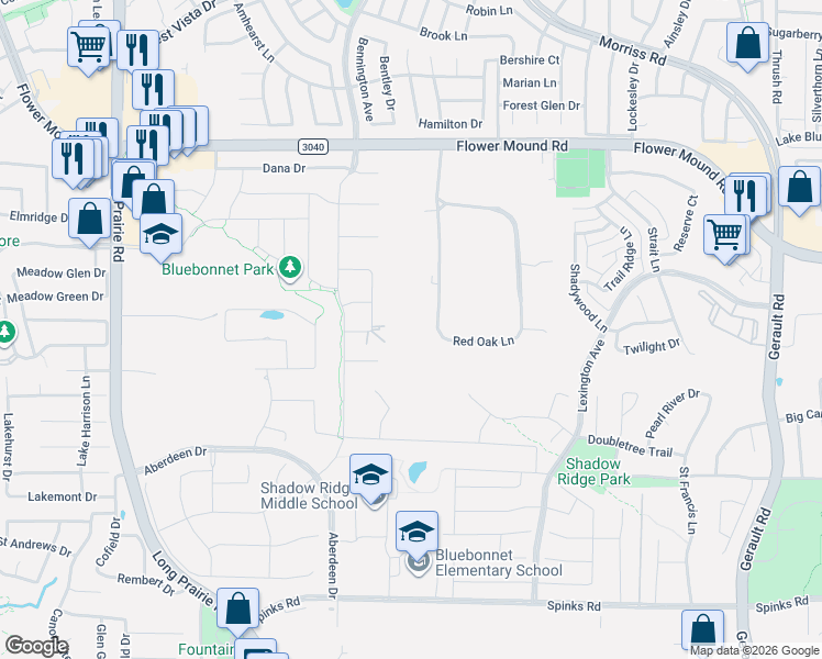 map of restaurants, bars, coffee shops, grocery stores, and more near 124 Red Oak Lane in Flower Mound
