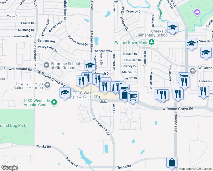 map of restaurants, bars, coffee shops, grocery stores, and more near 1028 Cassion Drive in Lewisville