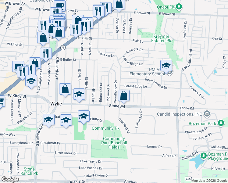 map of restaurants, bars, coffee shops, grocery stores, and more near 500 Woodhollow Drive in Wylie