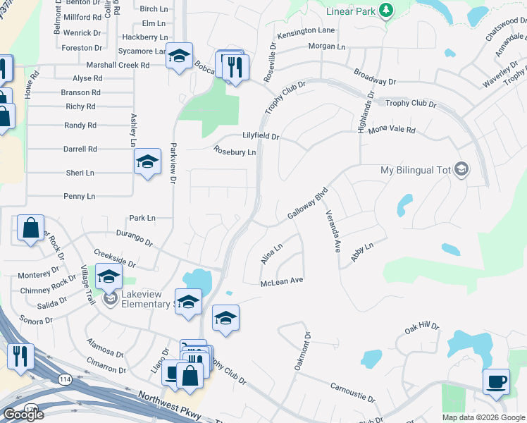 map of restaurants, bars, coffee shops, grocery stores, and more near 2300 Trophy Club Drive in Roanoke