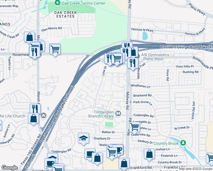 map of restaurants, bars, coffee shops, grocery stores, and more near 18800 Lina Street in Dallas