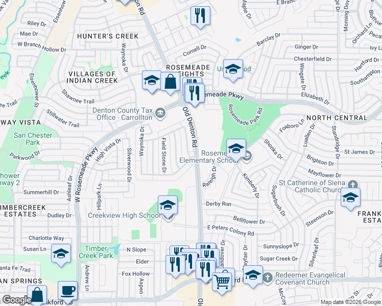map of restaurants, bars, coffee shops, grocery stores, and more near 3600 Canyon Oaks Drive in Carrollton
