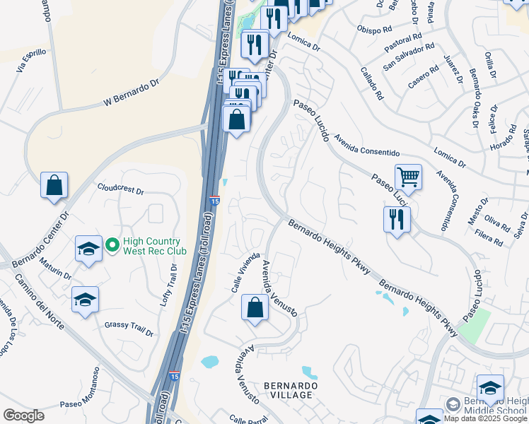 map of restaurants, bars, coffee shops, grocery stores, and more near 16102 Avenida Venusto in San Diego