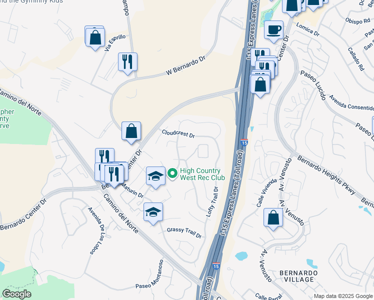 map of restaurants, bars, coffee shops, grocery stores, and more near 11333 Trailside Way in San Diego