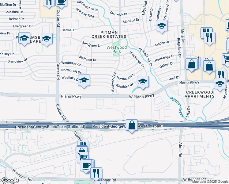 map of restaurants, bars, coffee shops, grocery stores, and more near 1751 West Plano Parkway in Plano