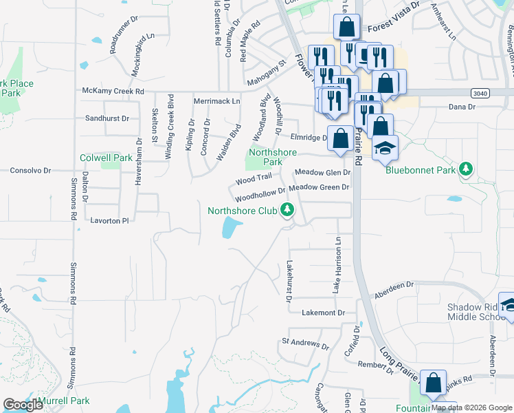 map of restaurants, bars, coffee shops, grocery stores, and more near 3121 Woodberry Drive in Flower Mound