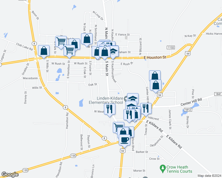 map of restaurants, bars, coffee shops, grocery stores, and more near 701 South Main Street in Linden