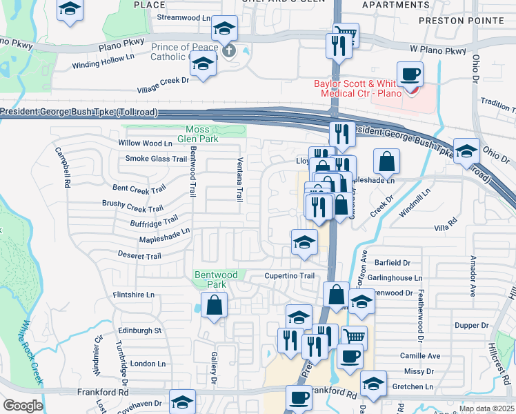 map of restaurants, bars, coffee shops, grocery stores, and more near 19251 Preston Road in Dallas