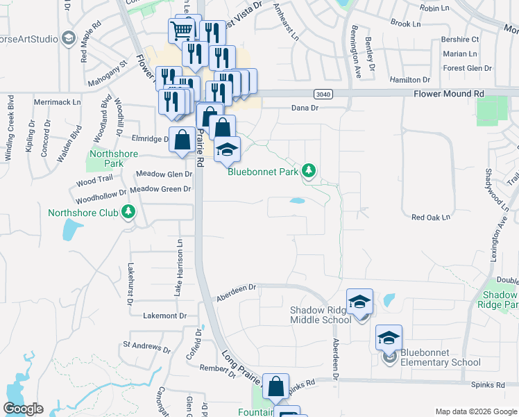 map of restaurants, bars, coffee shops, grocery stores, and more near 1620 Quimby Lane in Flower Mound