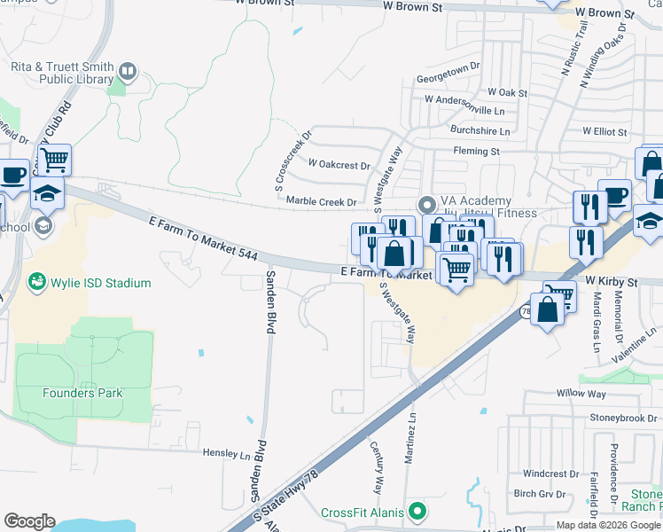 map of restaurants, bars, coffee shops, grocery stores, and more near 3060 East FM 544 in Wylie