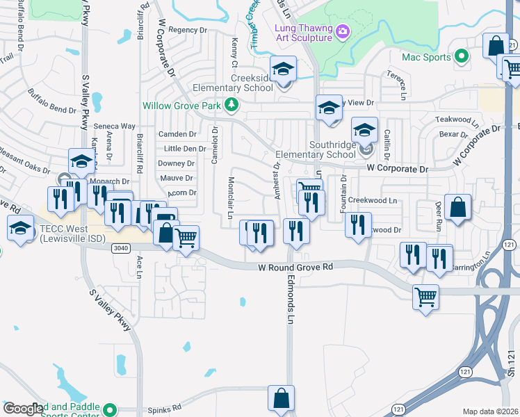 map of restaurants, bars, coffee shops, grocery stores, and more near 2111 Acosta Lane in Lewisville