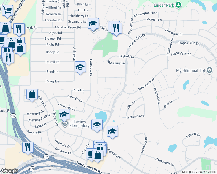 map of restaurants, bars, coffee shops, grocery stores, and more near 9 Avalon Drive in Trophy Club