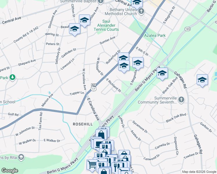 map of restaurants, bars, coffee shops, grocery stores, and more near 105 Graham Lane in Summerville