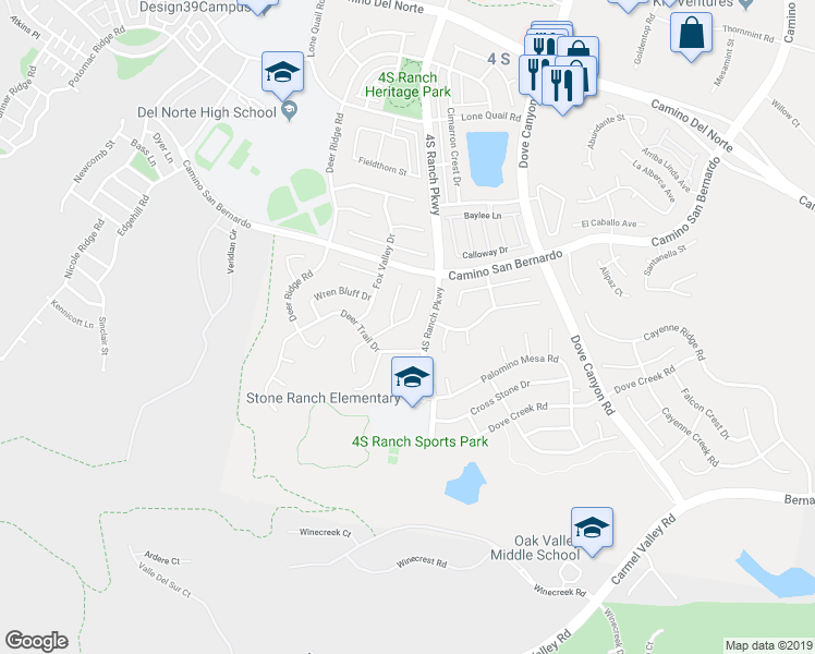 map of restaurants, bars, coffee shops, grocery stores, and more near 16339 Pinto Ridge Drive in San Diego