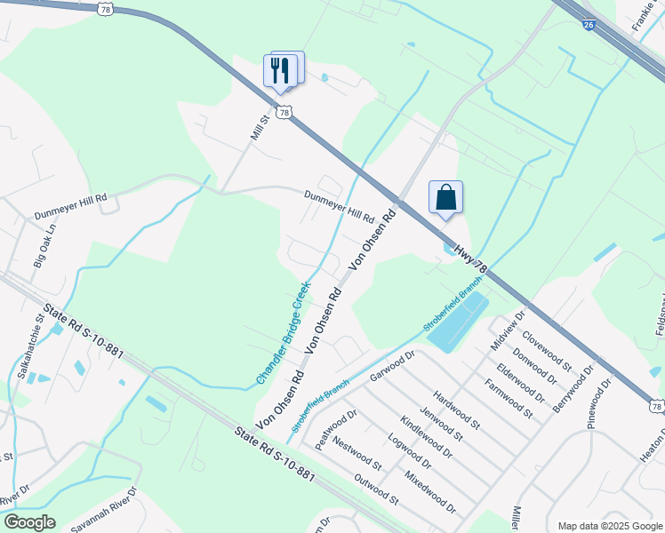 map of restaurants, bars, coffee shops, grocery stores, and more near Evergreen Oak Road in Summerville
