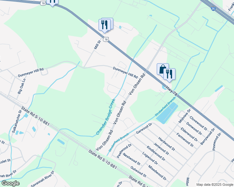 map of restaurants, bars, coffee shops, grocery stores, and more near 3009 Evergreen Oak Road in Summerville