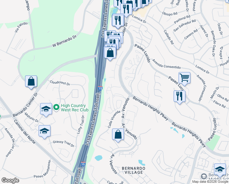 map of restaurants, bars, coffee shops, grocery stores, and more near 16130 Avenida Venusto in San Diego