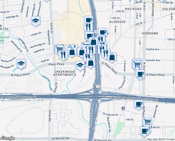 map of restaurants, bars, coffee shops, grocery stores, and more near 600 Accent Drive in Plano