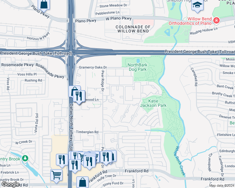 map of restaurants, bars, coffee shops, grocery stores, and more near 4845 Haverwood Lane in Dallas