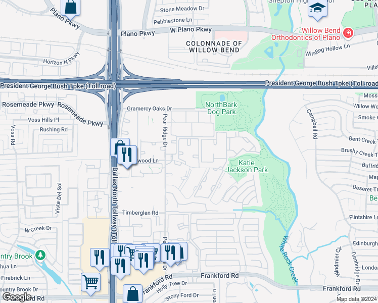 map of restaurants, bars, coffee shops, grocery stores, and more near 4849 Haverwood Lane in Dallas