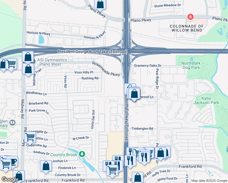 map of restaurants, bars, coffee shops, grocery stores, and more near 414 Haverwood Lane in Dallas