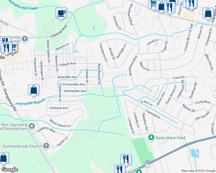 map of restaurants, bars, coffee shops, grocery stores, and more near 69 Crossandra Avenue in Summerville