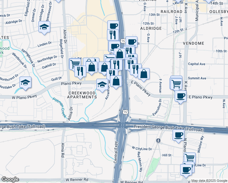 map of restaurants, bars, coffee shops, grocery stores, and more near 600 Accent Dr in Plano