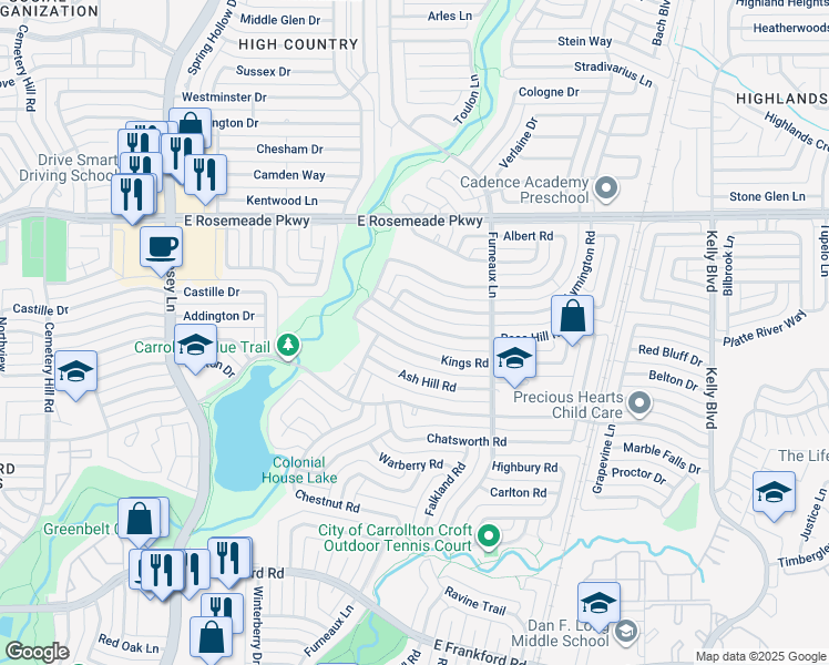 map of restaurants, bars, coffee shops, grocery stores, and more near 2025 Kings Road in Carrollton