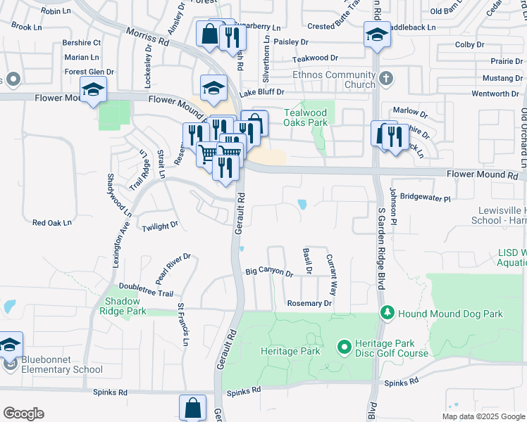 map of restaurants, bars, coffee shops, grocery stores, and more near 1712 Carter Circle in Flower Mound