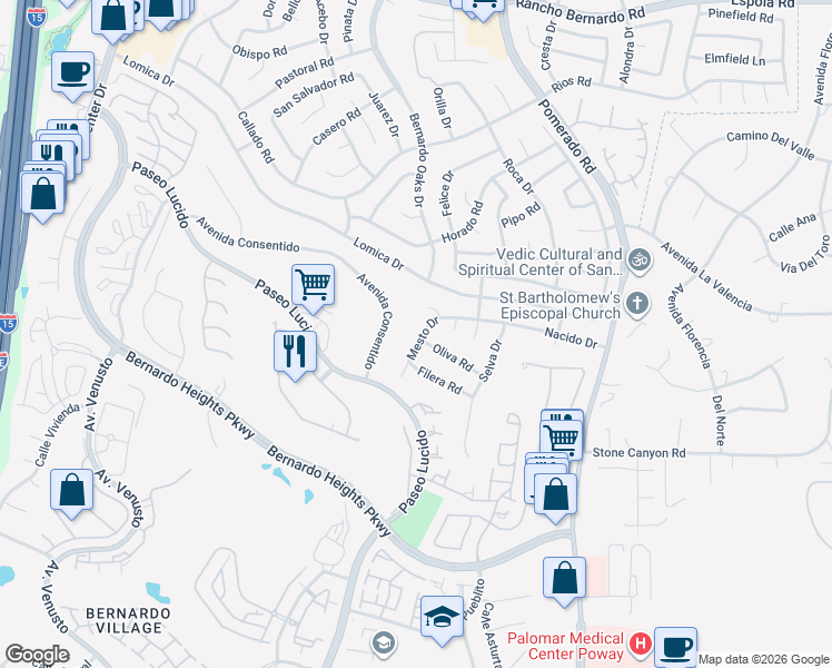 map of restaurants, bars, coffee shops, grocery stores, and more near 16182 Mesto Drive in San Diego
