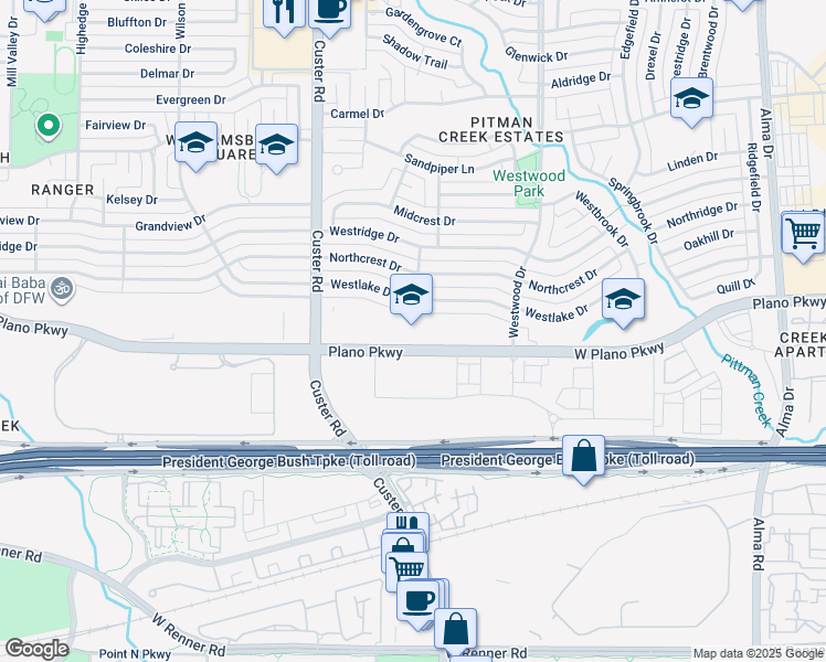 map of restaurants, bars, coffee shops, grocery stores, and more near 1801 West Plano Parkway in Plano