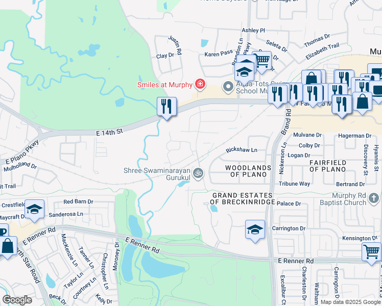 map of restaurants, bars, coffee shops, grocery stores, and more near 1109 Park Vista Road in Plano