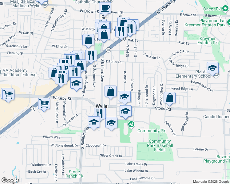 map of restaurants, bars, coffee shops, grocery stores, and more near 14 Trails Place in Wylie