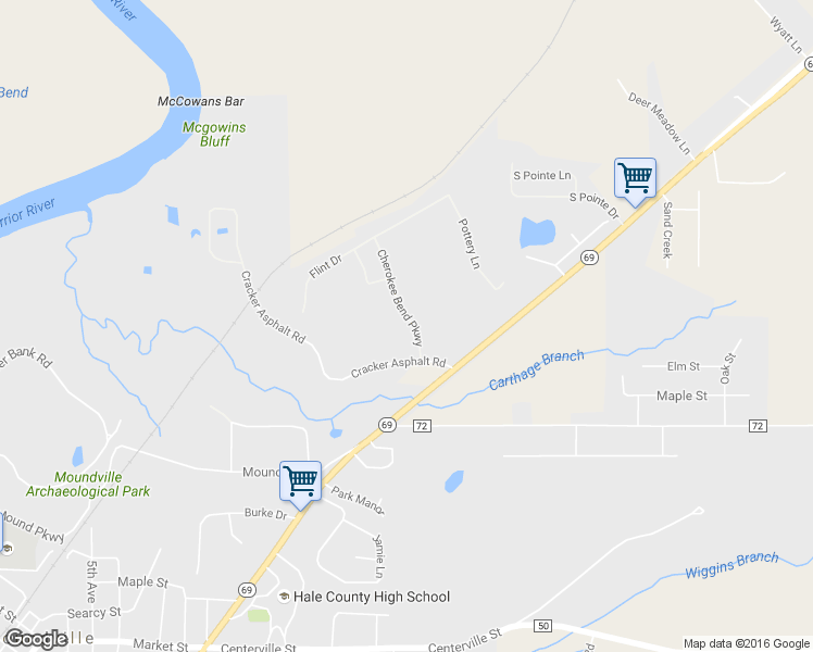 map of restaurants, bars, coffee shops, grocery stores, and more near 16425 Cherokee Bend Parkway in Moundville