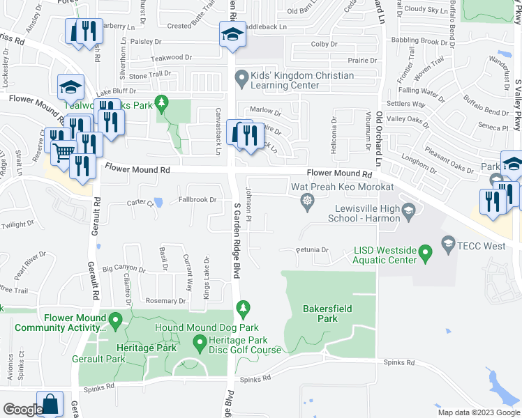 map of restaurants, bars, coffee shops, grocery stores, and more near 1713 Latera Circle in Flower Mound