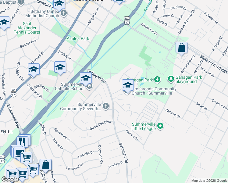 map of restaurants, bars, coffee shops, grocery stores, and more near 105 Brutus Lane in Summerville