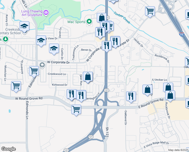 map of restaurants, bars, coffee shops, grocery stores, and more near 196 Kielder Drive in Lewisville