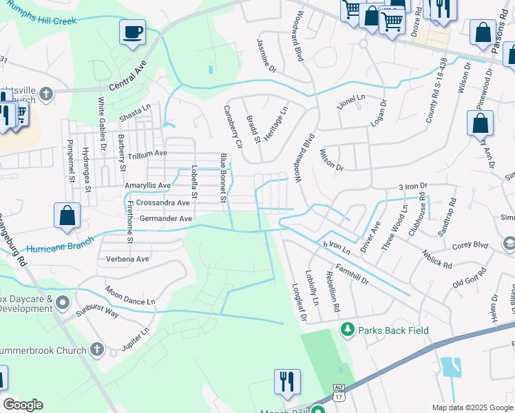 map of restaurants, bars, coffee shops, grocery stores, and more near 69 Crossandra Avenue in Summerville