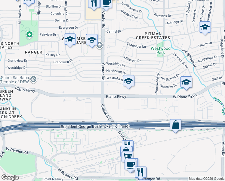 map of restaurants, bars, coffee shops, grocery stores, and more near 2001 West Plano Parkway in Plano