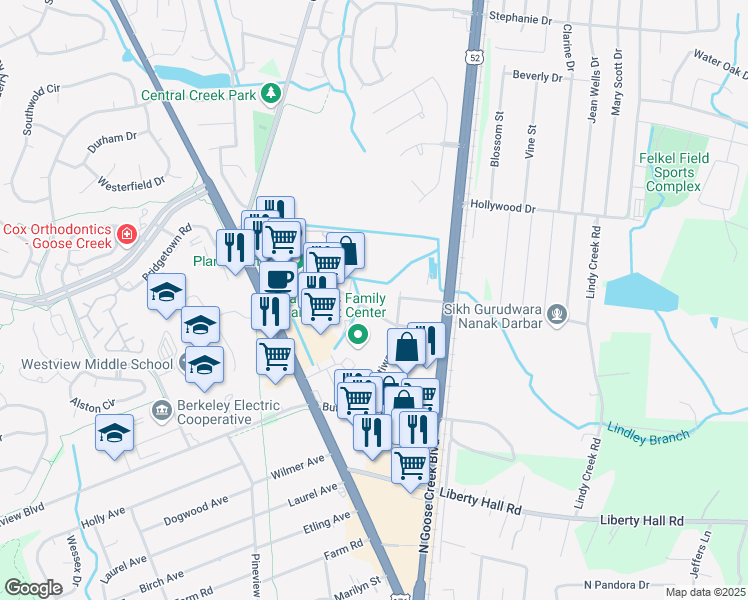 map of restaurants, bars, coffee shops, grocery stores, and more near 109 Central Avenue in Goose Creek