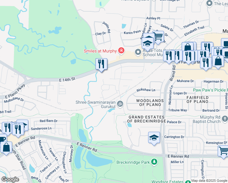 map of restaurants, bars, coffee shops, grocery stores, and more near 1109 Park Vista Road in Plano