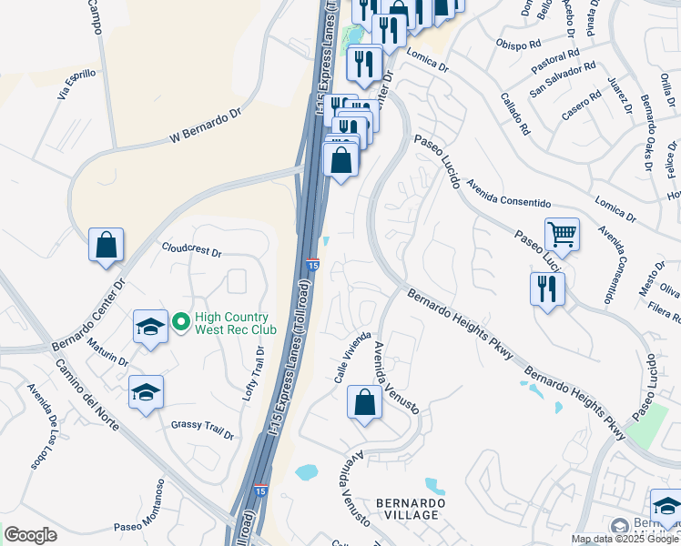 map of restaurants, bars, coffee shops, grocery stores, and more near 16130 Avenida Venusto in San Diego