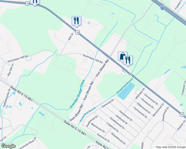 map of restaurants, bars, coffee shops, grocery stores, and more near 3267 Von Ohsen Road in Ladson