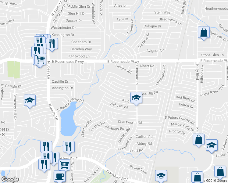 map of restaurants, bars, coffee shops, grocery stores, and more near 2025 Kings Road in Carrollton