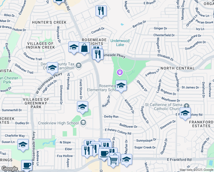 map of restaurants, bars, coffee shops, grocery stores, and more near 3500 Old Denton Road in Carrollton