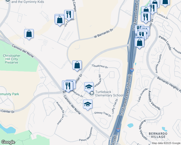 map of restaurants, bars, coffee shops, grocery stores, and more near 16127 Rimstone Lane in San Diego