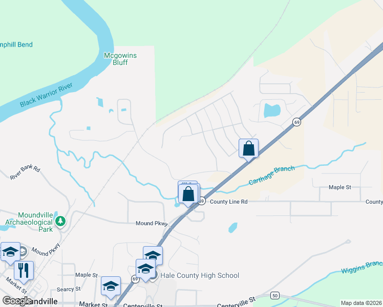 map of restaurants, bars, coffee shops, grocery stores, and more near 16425 Cherokee Bend Parkway in Moundville