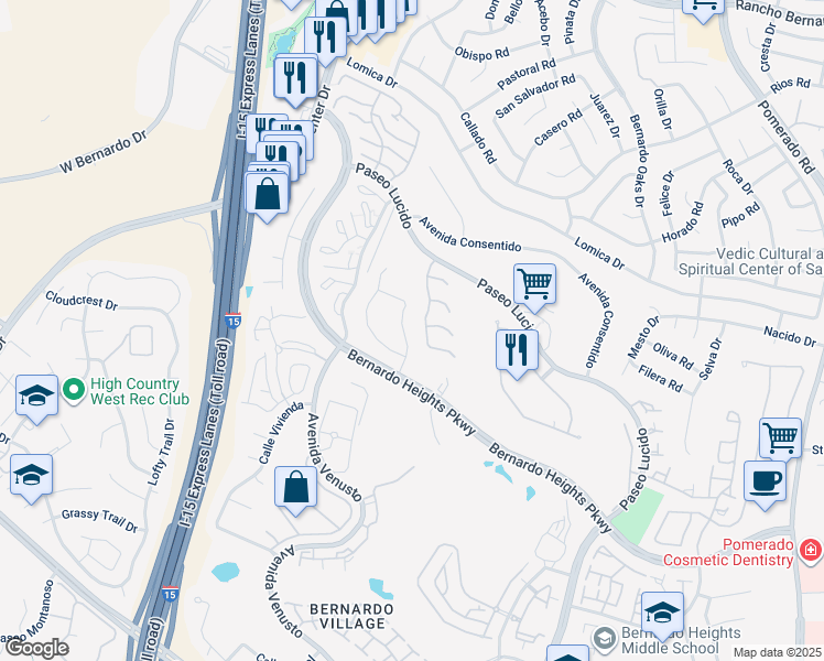 map of restaurants, bars, coffee shops, grocery stores, and more near 16255 Via Embeleso in San Diego