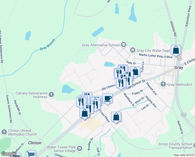map of restaurants, bars, coffee shops, grocery stores, and more near 247 Folds Drive in Gray