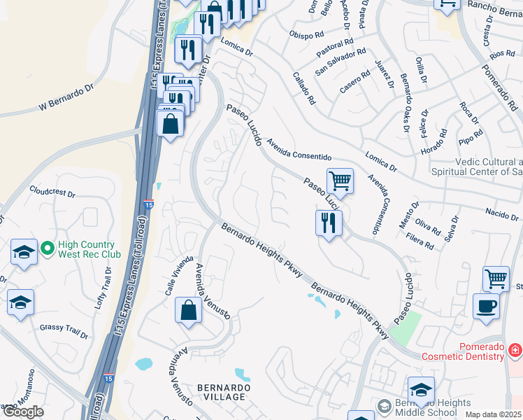 map of restaurants, bars, coffee shops, grocery stores, and more near 16255 Via Embeleso in San Diego